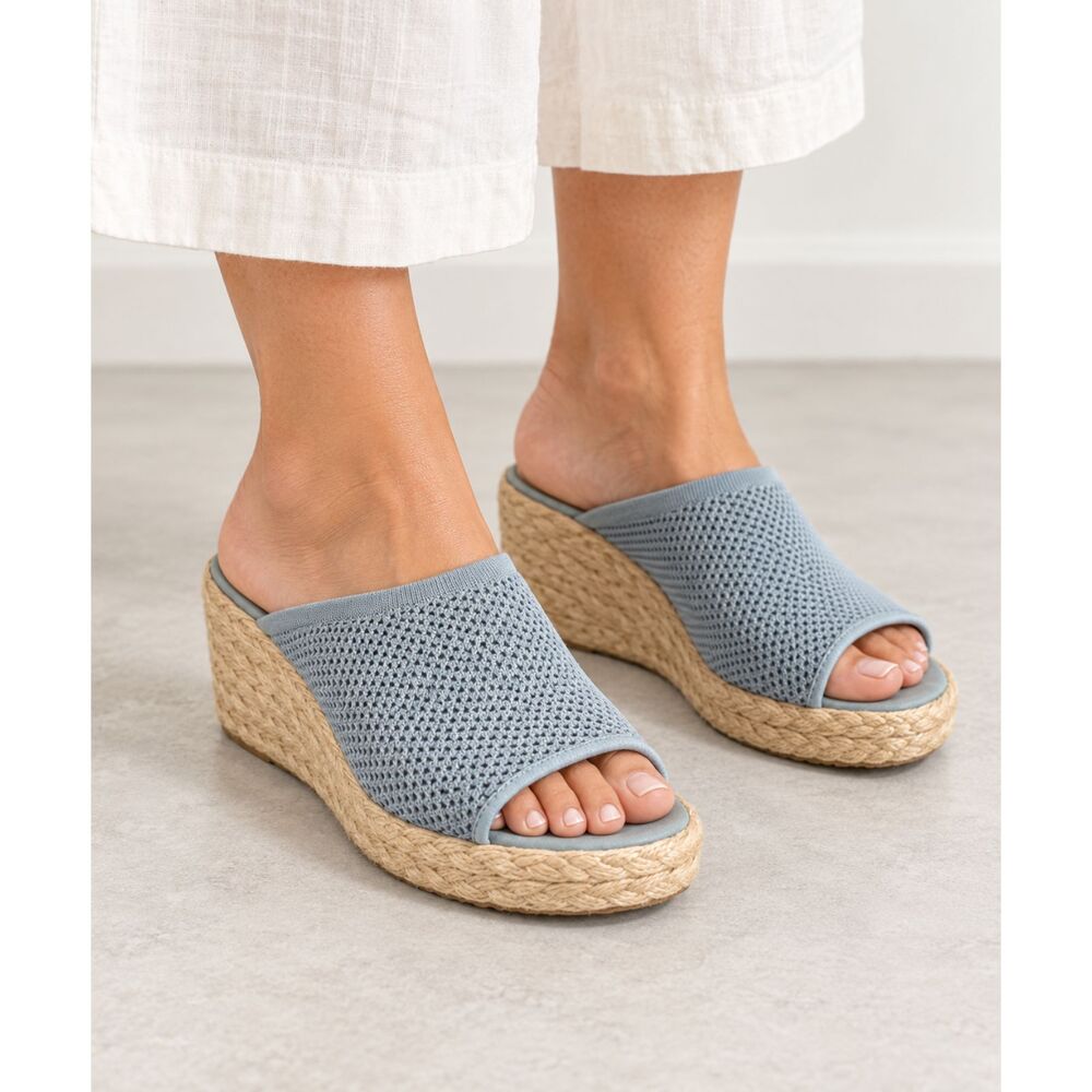 Eileen Fisher Tali Knit Espadrille Wedge Sandals Light Blue Slip On Size 7